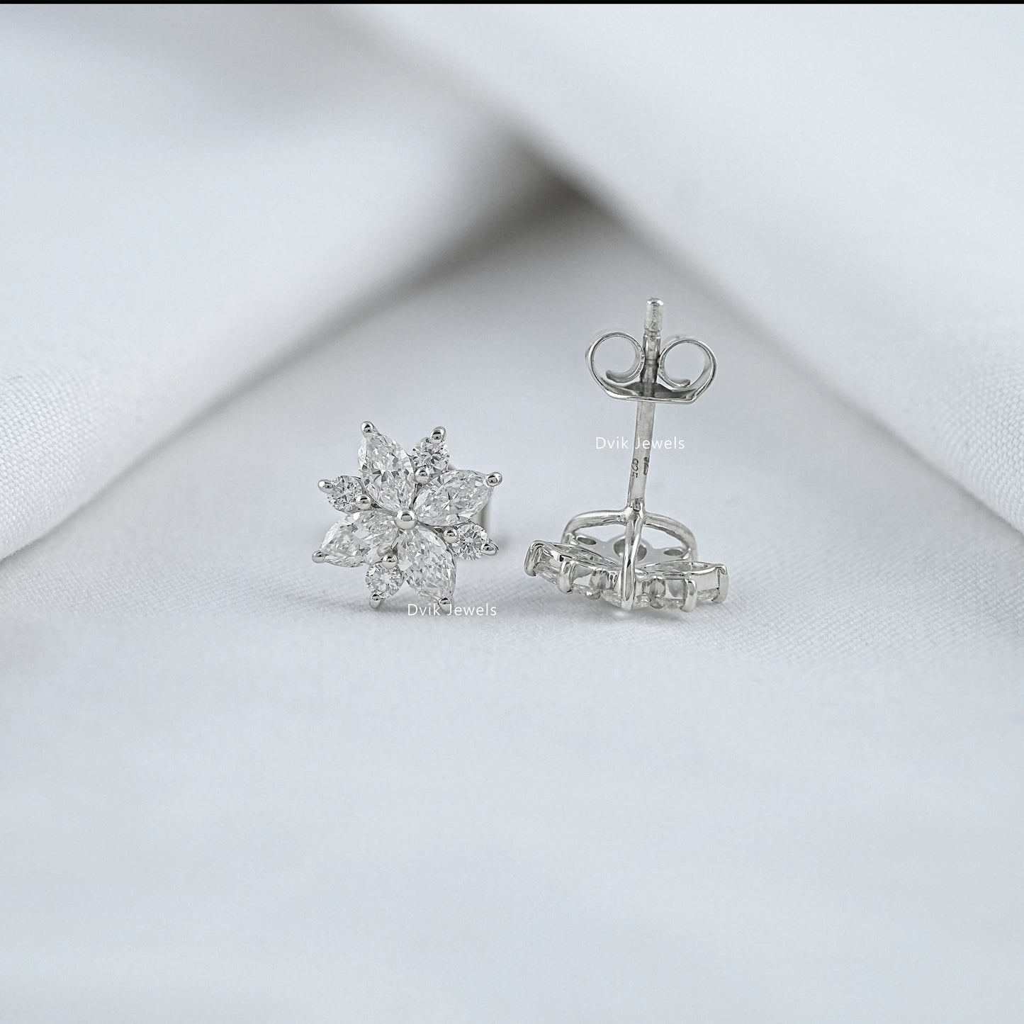 Marquise diamond flower earrings stud showing front and back view