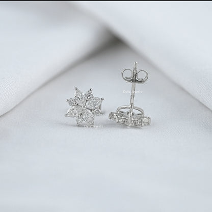 Marquise diamond flower earrings stud showing front and back view