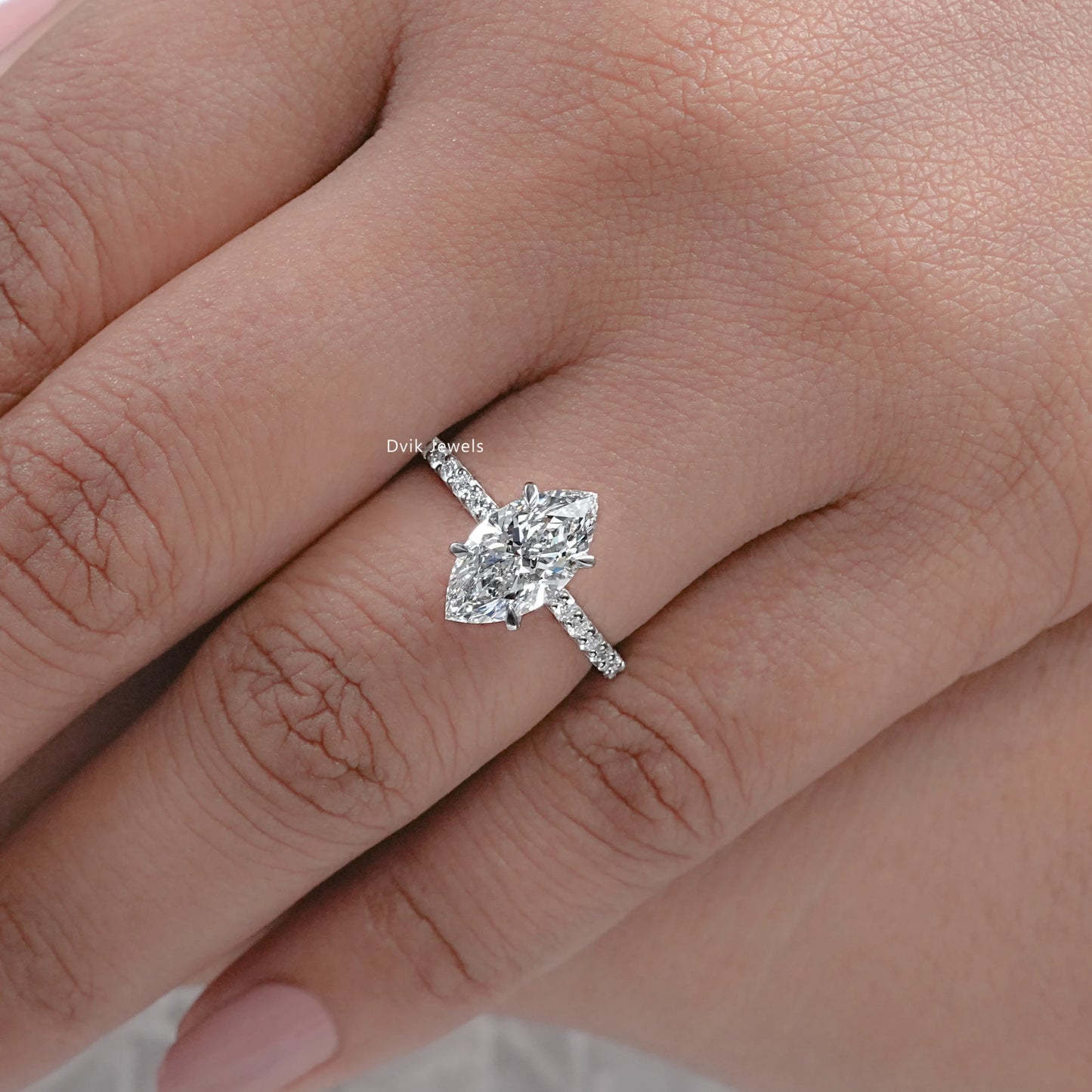 Marquise Cut Lab Grown Solitaire Accent Engagement Ring