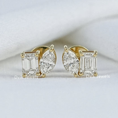 Emerald and Marquise Cut Lab Diamond Toi Moi Stud Earrings Earrings