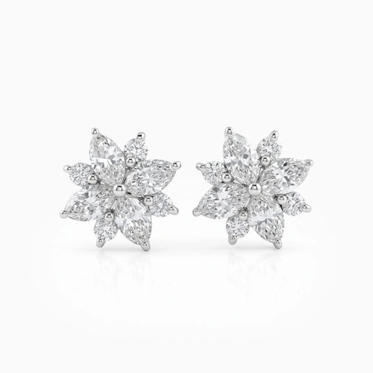 Marquise And Round Cut Diamond Flower Stud Earrings