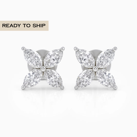 Marquise Cut Diamond Flower Stud Earrings