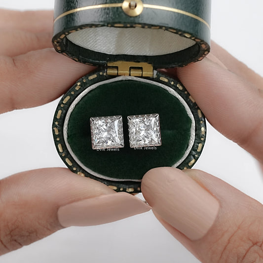 Milgrain Princess Cut Lab Diamond Stud Earrings