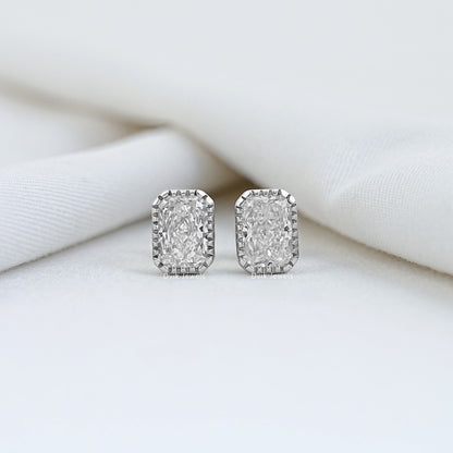 Milgrain Radiant Cut Lab Diamond Stud Earrings