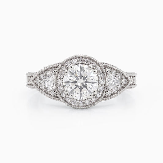 Milgrain Set Halo With Three Stone Engagement Ring Ring