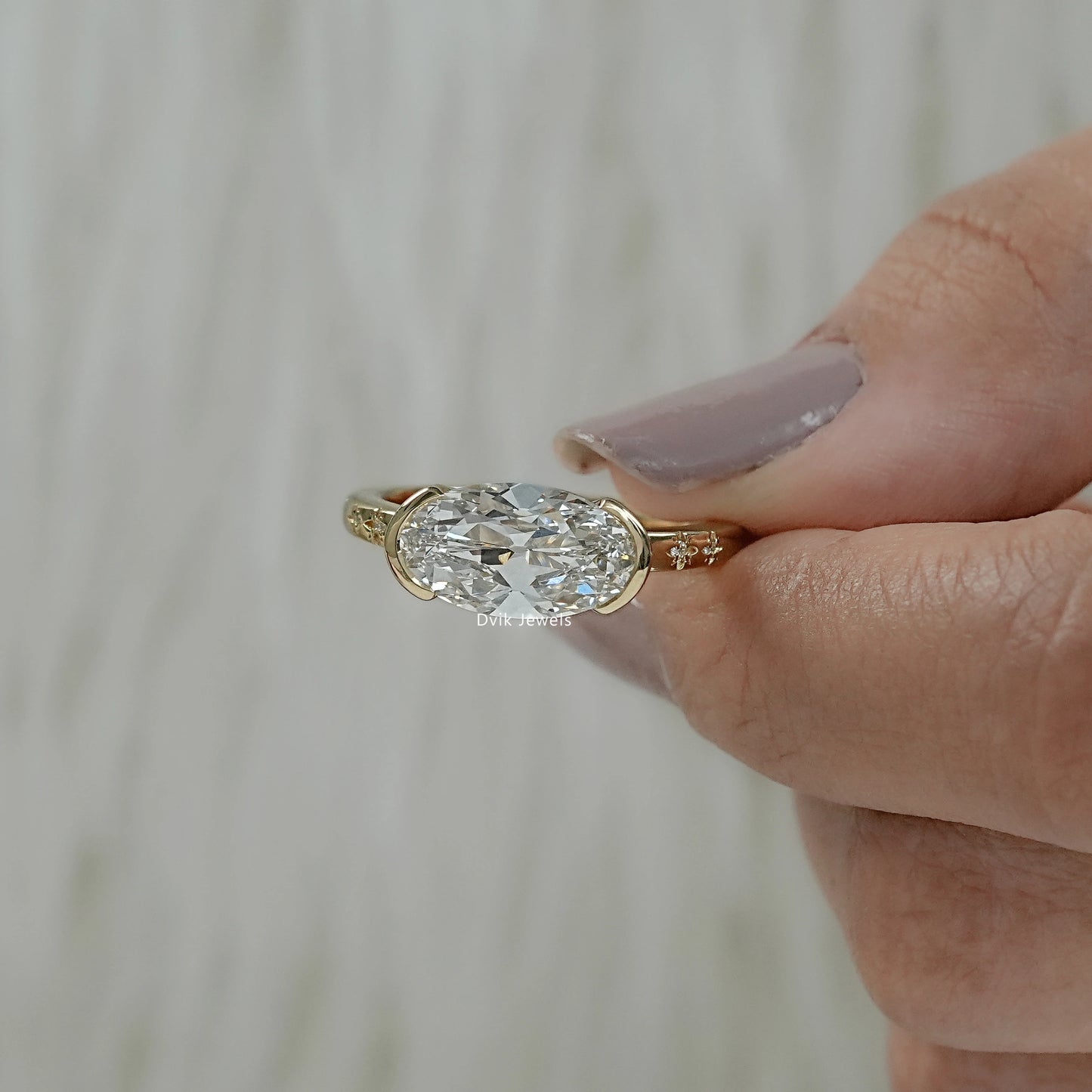 Old Mine Moval Cut Lab Diamond Solitaire Ring with Half Bezel Accent