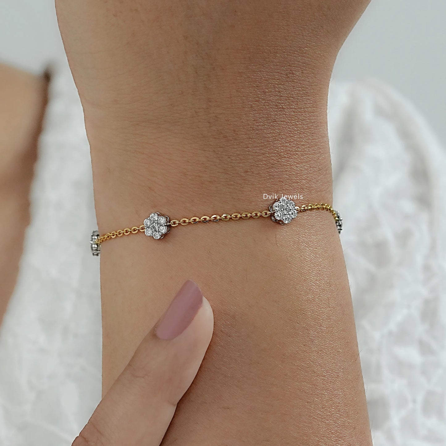Floral Cluster Lab Diamond Station Chain Bracelet