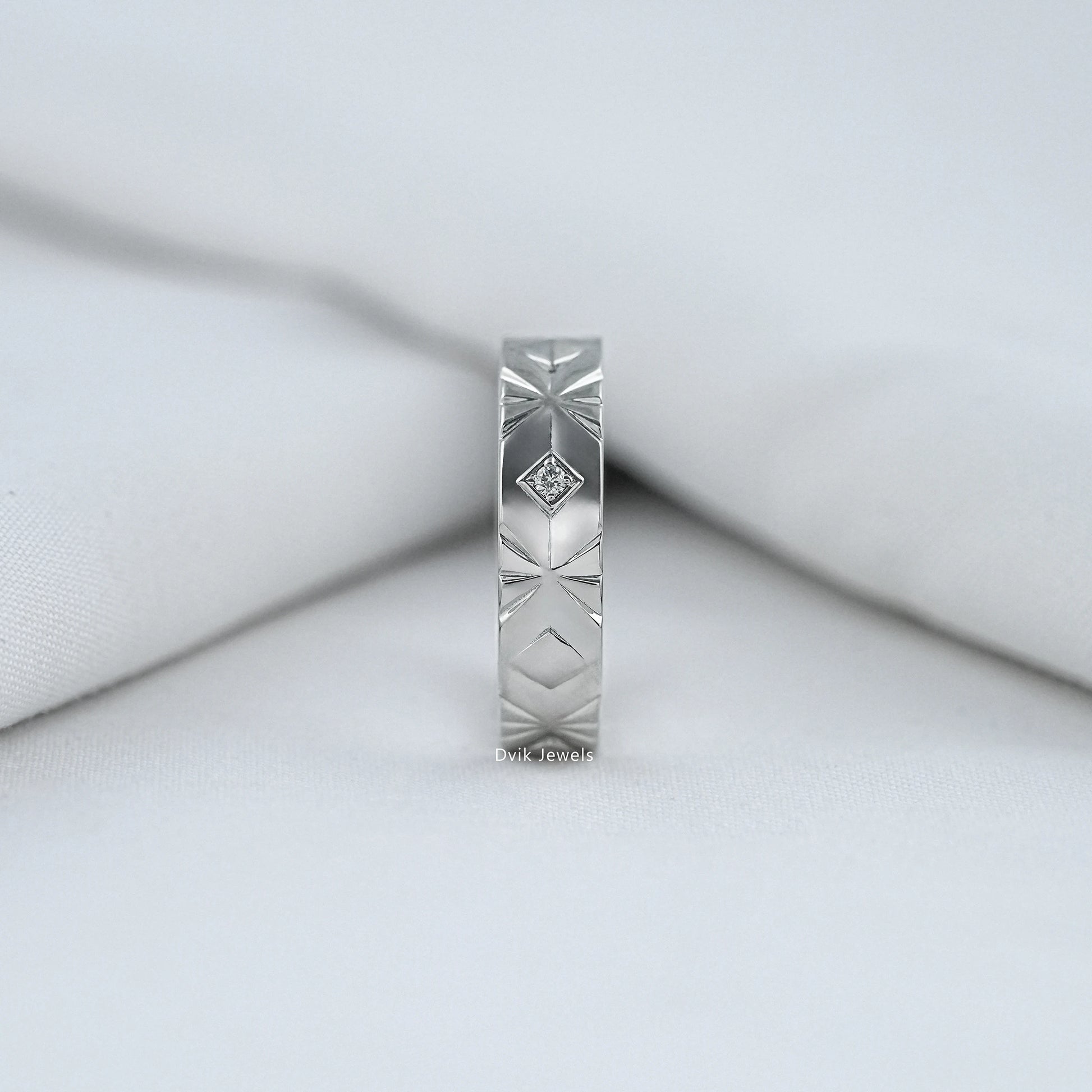 Engraved Wedding Band with Round Cut Diamond Band