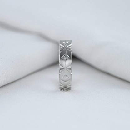 Engraved Wedding Band with Round Cut Diamond Band