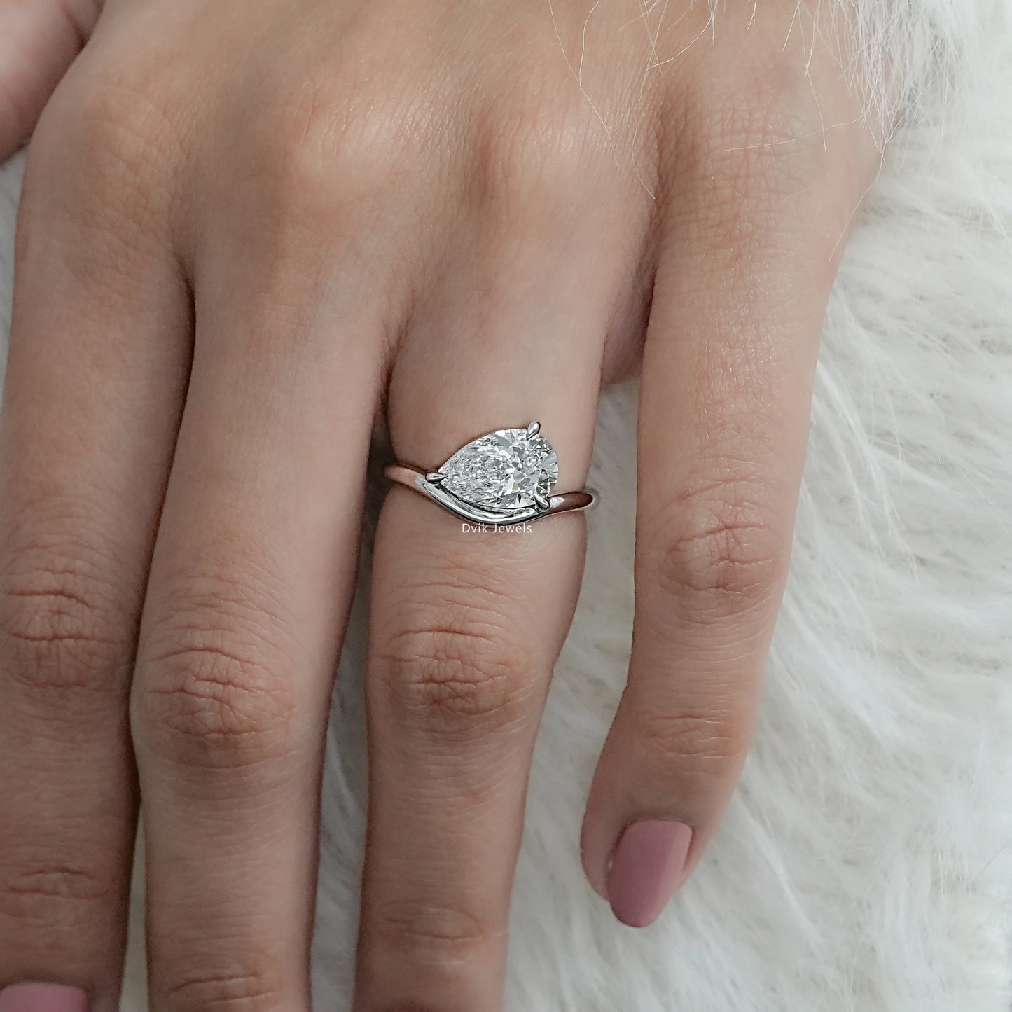 Pear Cut Lab Diamond Curved Solitaire Ring