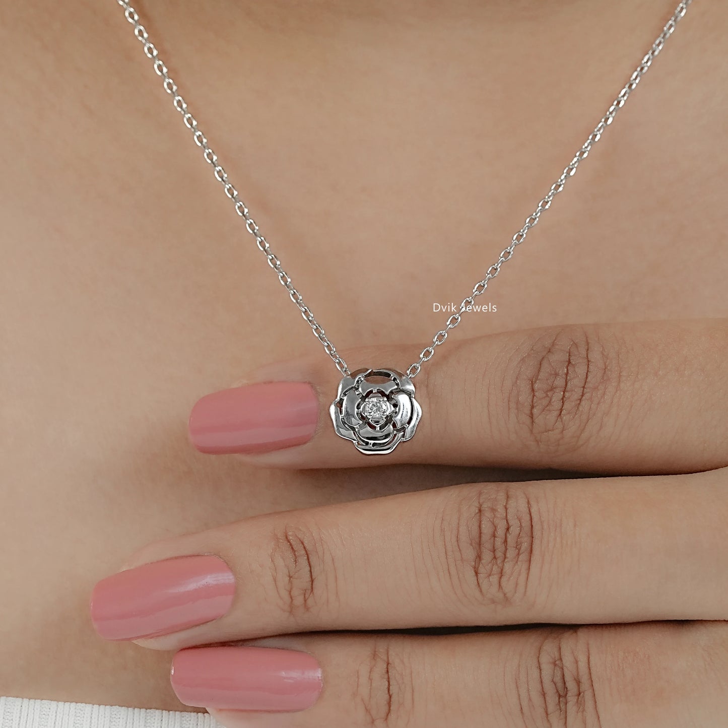 Delicate rose flower necklace with round lab created diamond on neck view