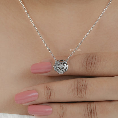 Delicate rose flower necklace with round lab created diamond on neck view