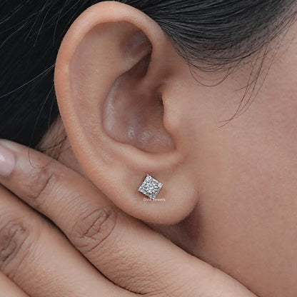 Square Shape Round Diamond Cluster Earrings