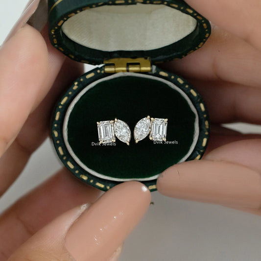 Emerald and Marquise Cut Lab Diamond Toi Moi Stud Earrings Earrings