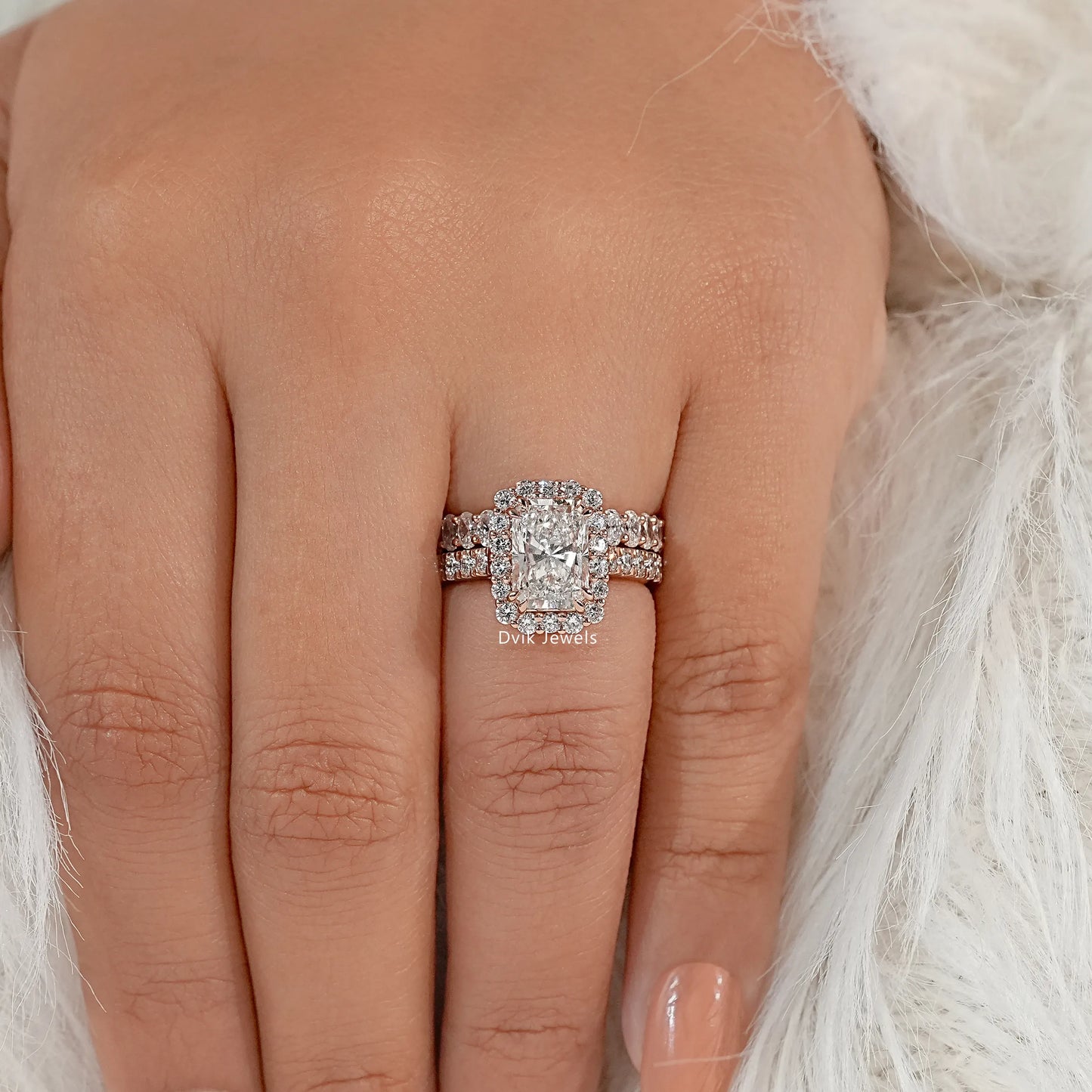 Radiant Cut Lab Diamond Halo Bridal Ring Set with Double Band Bridal Ring Set