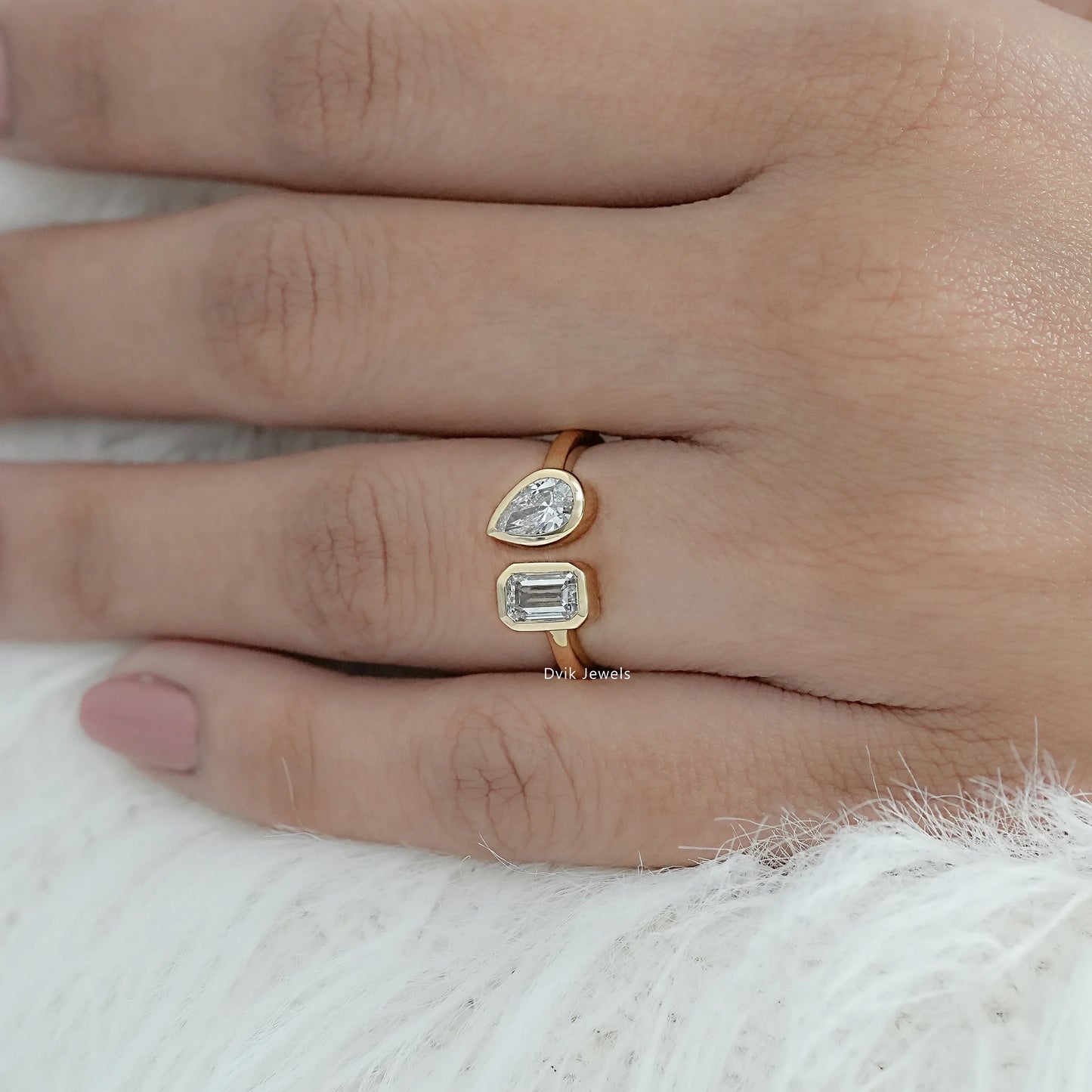 Bezel Set Emerald And Pear Cut Lab Diamond Toi Moi Ring