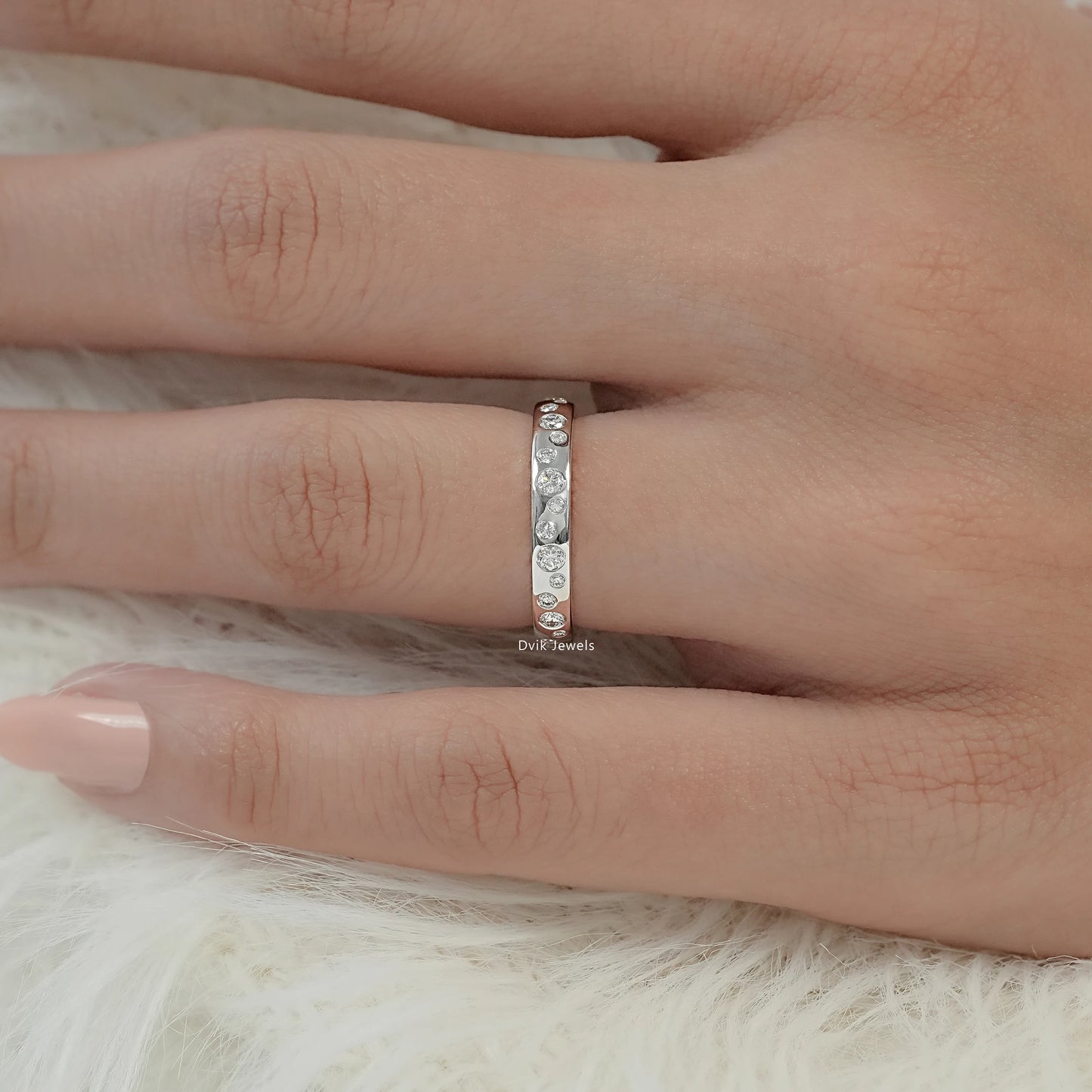 Round Cut Diamond Scattered Bezel Set Wedding Band