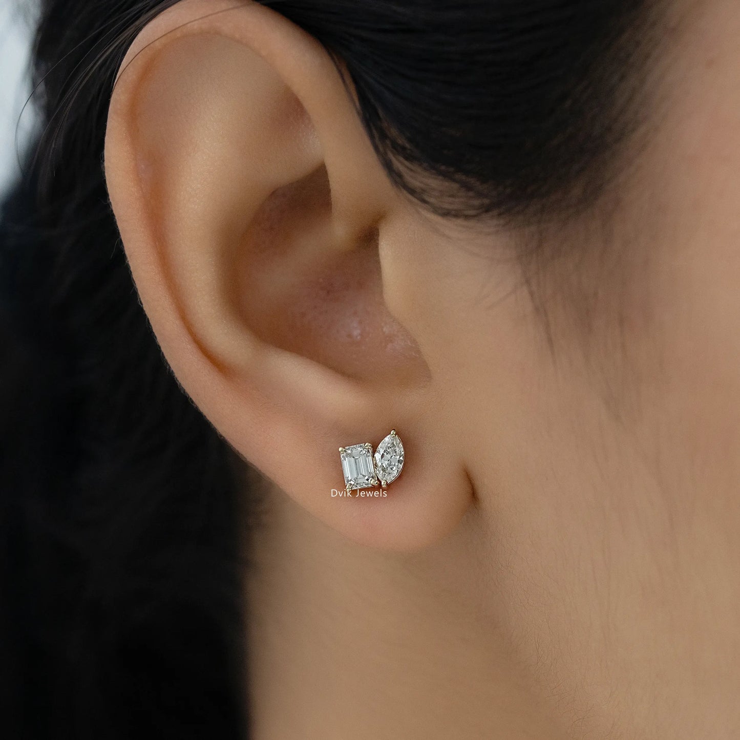 Emerald and Marquise Cut Lab Diamond Toi Moi Stud Earrings Earrings