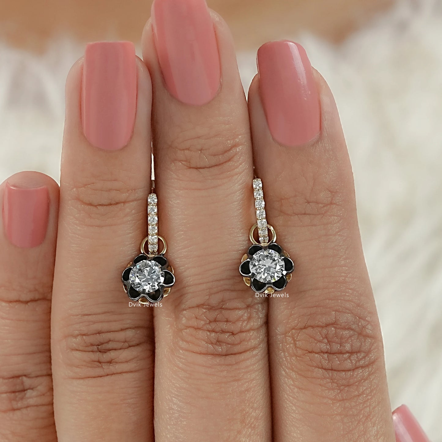 Floral Diamond Drop Earrings with Black Enamel Petals