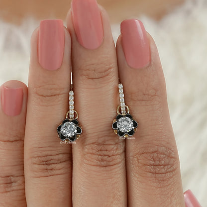 Floral Diamond Drop Earrings with Black Enamel Petals