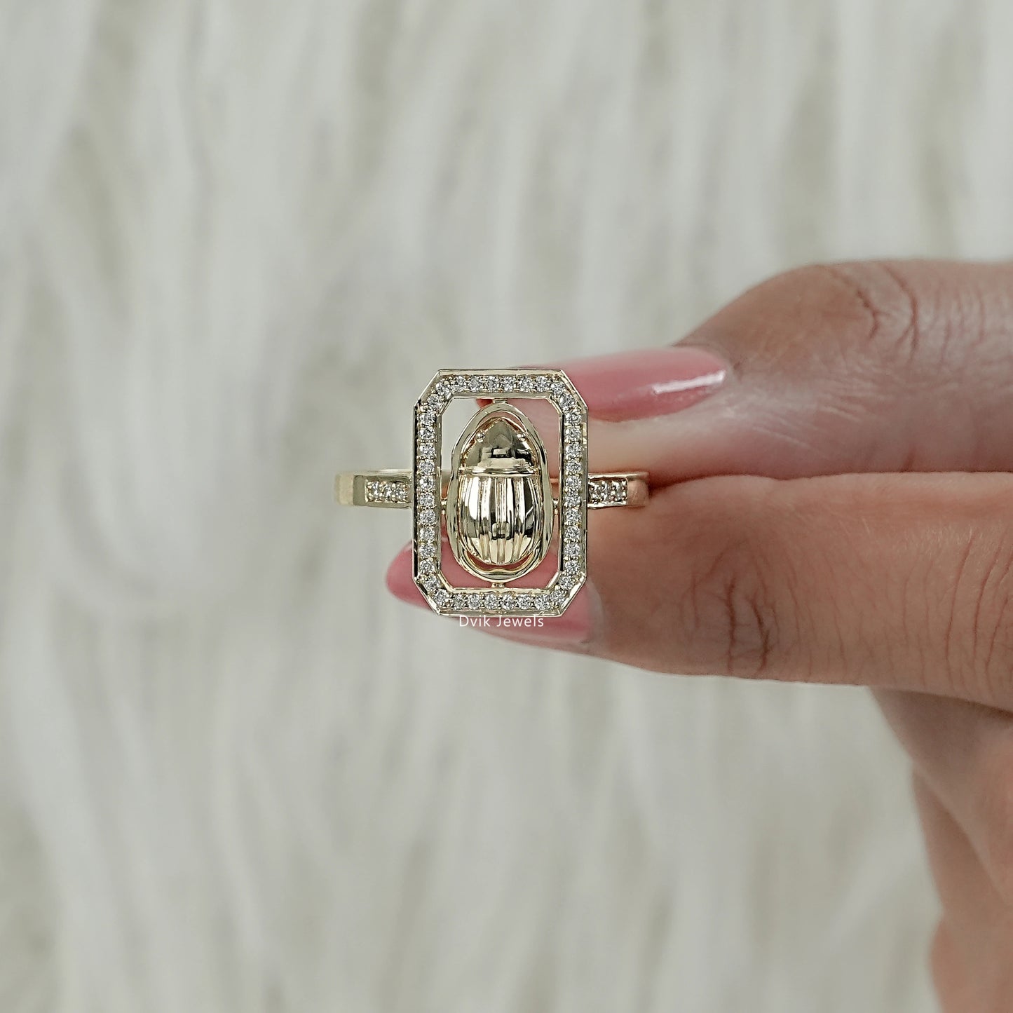 Front view of the geometric octagon round lab diamond ring, showing high-quality metal and gallery design