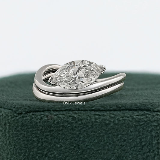 Marquise diamond bypass ring white gold swirl setting front view