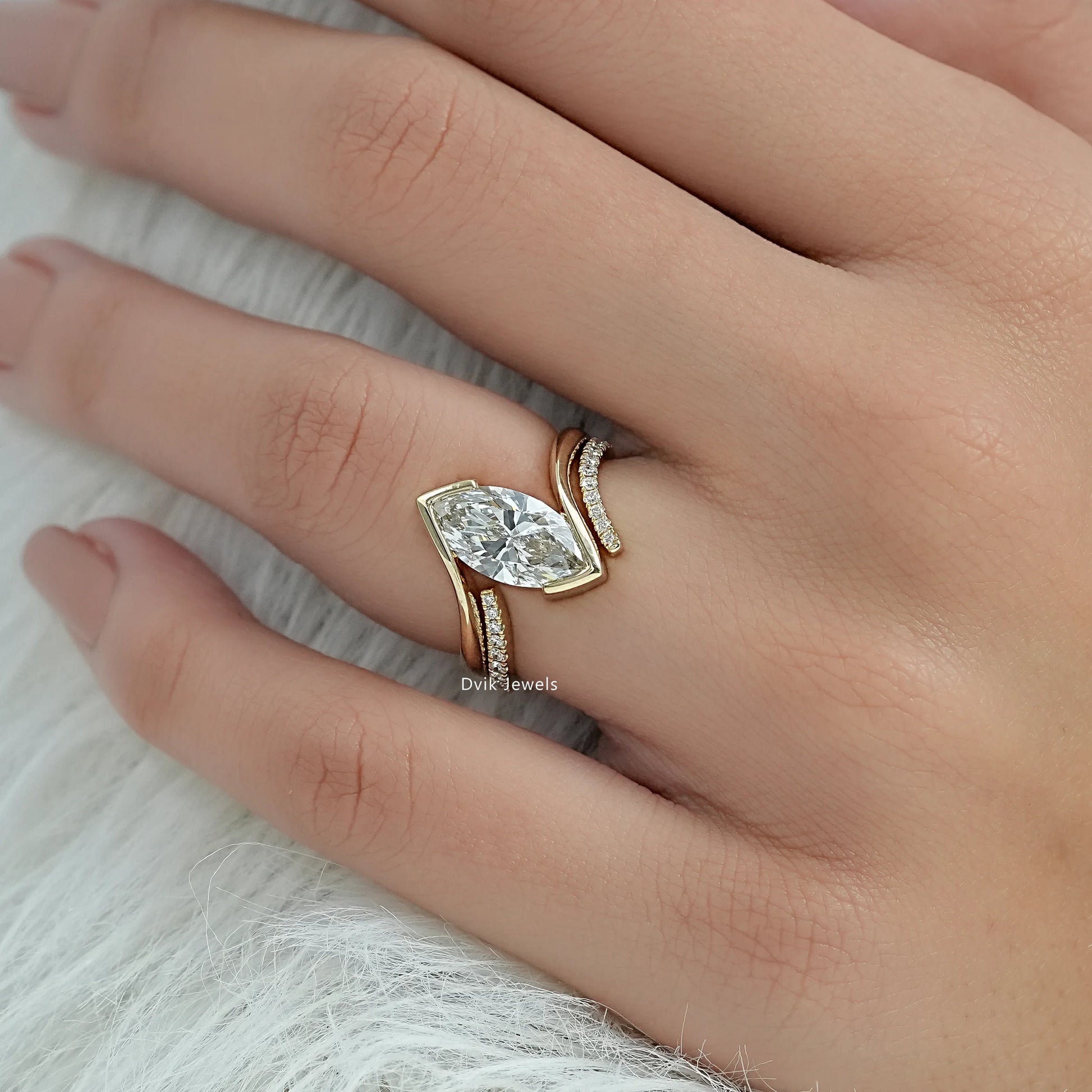 Half Bezel Marquise Cut Lab Diamond Curved Ring Set Bridal Ring Set