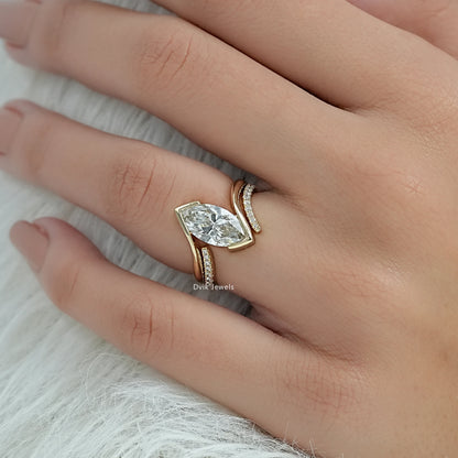 Half Bezel Marquise Cut Lab Diamond Curved Ring Set Bridal Ring Set