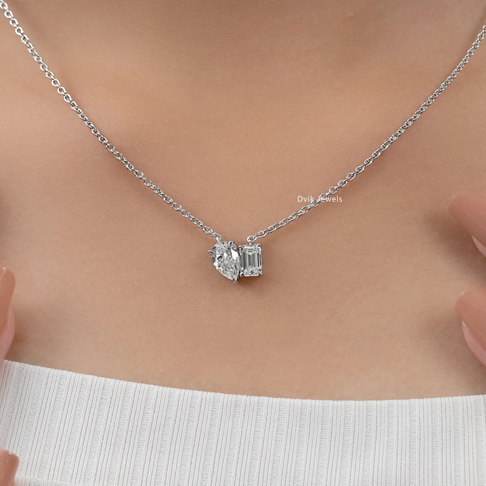 Pear and Emerald Cut Lab Diamond Dual Stone Pendant Pendant