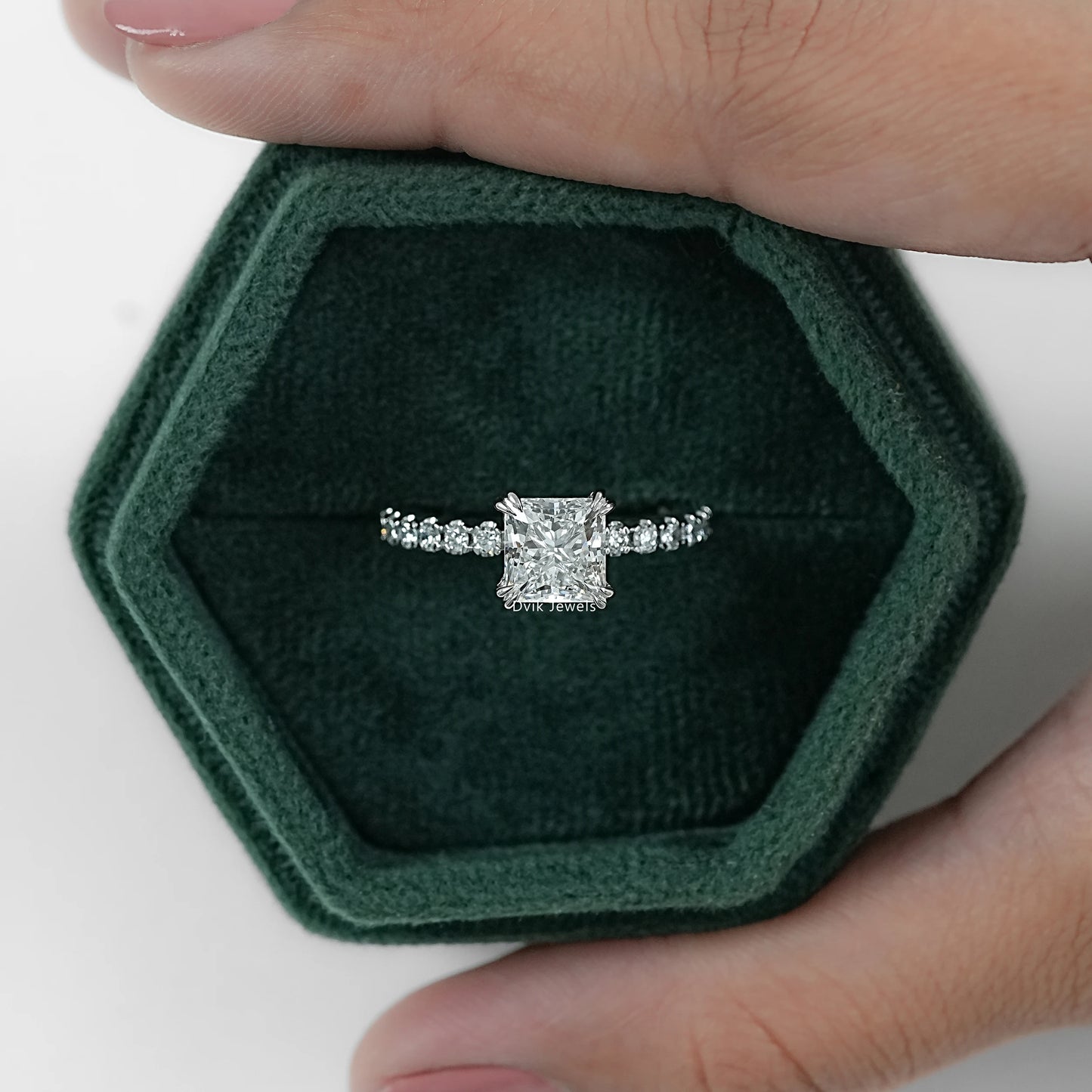 Princess Cut Lab Diamond Accent Engagement Ring displayed for center stone view in jewelry box