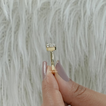 Lab grown radiant cut engagement rings yellow gold bezel side view