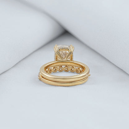 pavé band ring stacked with a solid gold band showing the detailed underside.