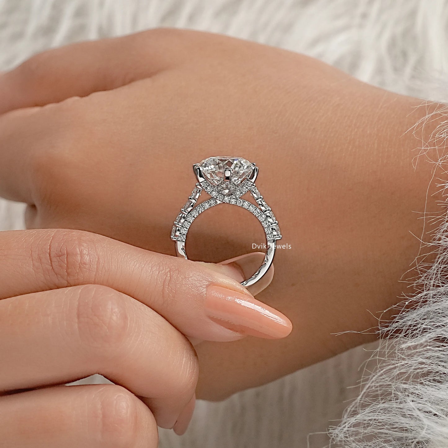Round Lab Diamond Hidden Halo Cross Gallery Accent Ring Ring