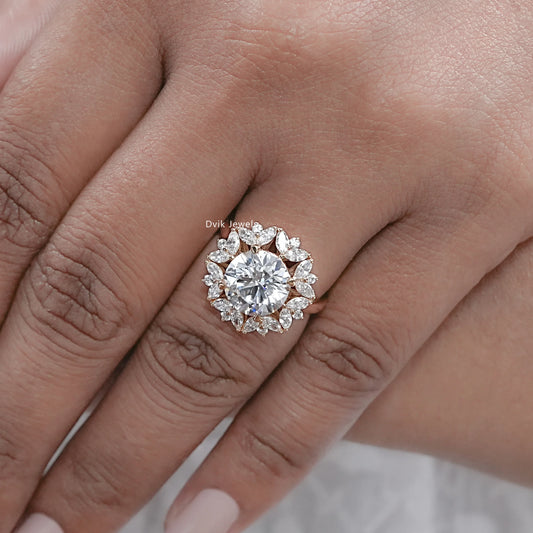 Round And Marquise Halo Lab Diamond Floral Style Ring