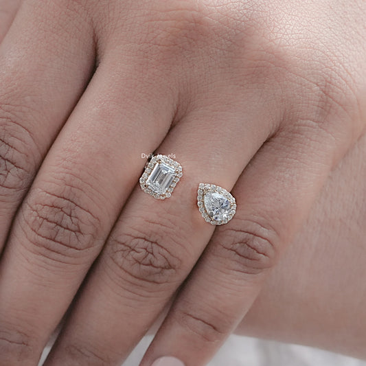 Emerald & Pear Halo Lab Diamond Two Stone Ring