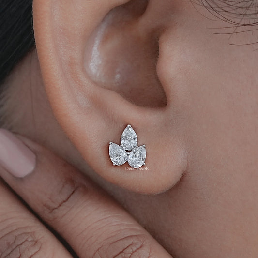 Pear Shaped Lab Diamond Three Stone Stud Earrings