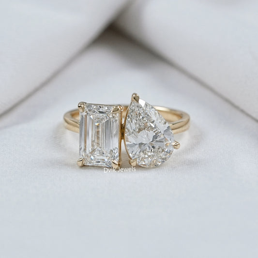 Emerald And Pear Cut Lab Diamond Two Stone Ring