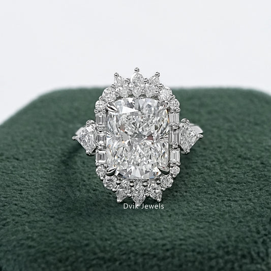 Cushion Cut Lab Diamond Three Stone Halo Engagement Ring