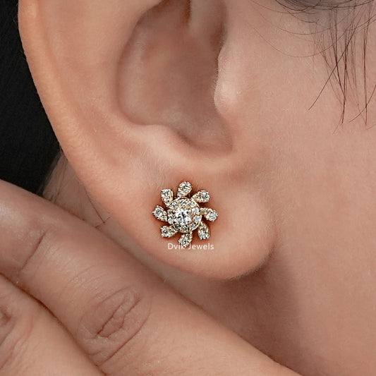 Round Cut Lab Diamond Floral Shape Stud Earrings