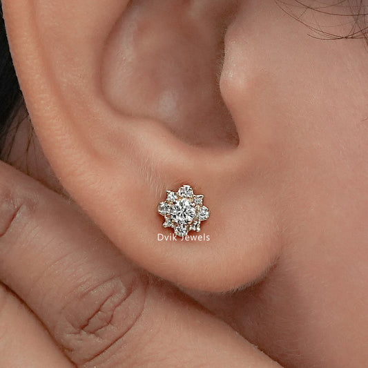 Round Cut Lab Diamond Cluster Set Stud Earrings