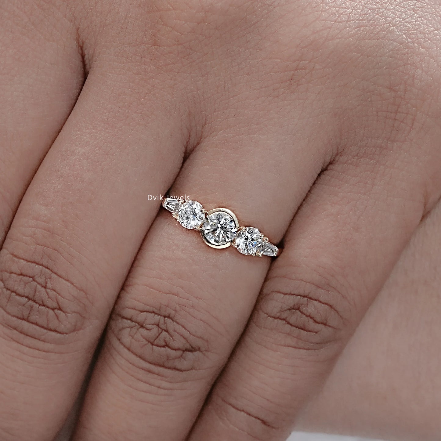 Round And Baguette Diamond Five Stone Accent Ring