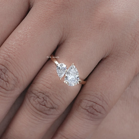 Pear Cut Lab Diamond Two Stone Engagement Ring
