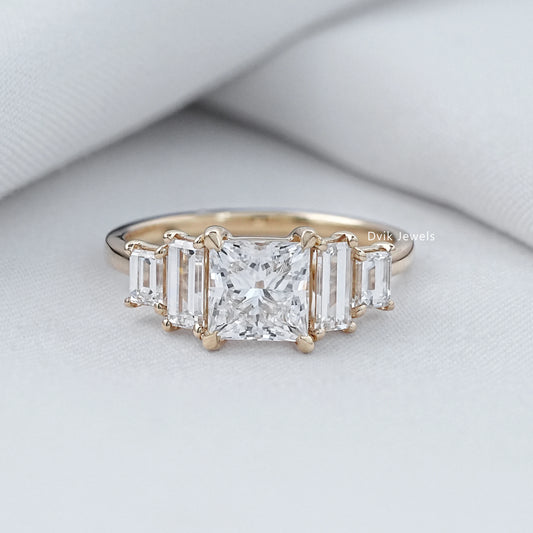Princess And Baguette Cut Lab Diamond Five Stone Ring