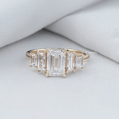 Emerald And Baguette Cut Lab Diamond Five Stone Ring