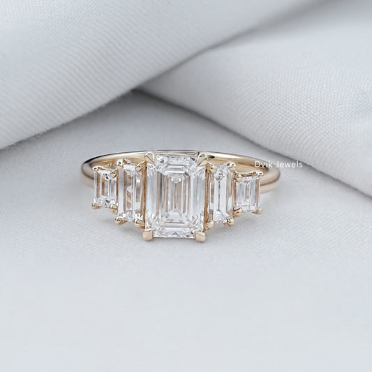 Emerald And Baguette Cut Lab Diamond Five Stone Ring