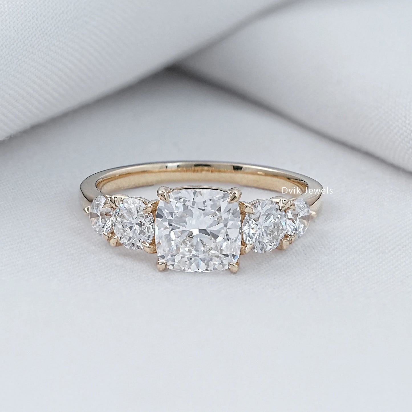 Cushion Cut Lab Diamond Five Stone Engagement Ring