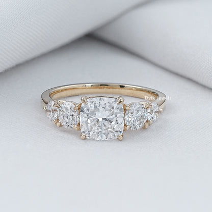 Cushion Cut Lab Diamond Five Stone Engagement Ring