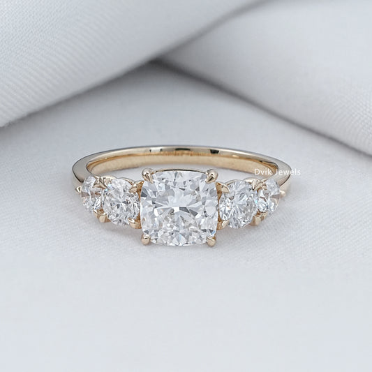Cushion Cut Lab Diamond Five Stone Engagement Ring