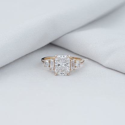 Elongated Cushion Shape Five Diamond Engagement Ring