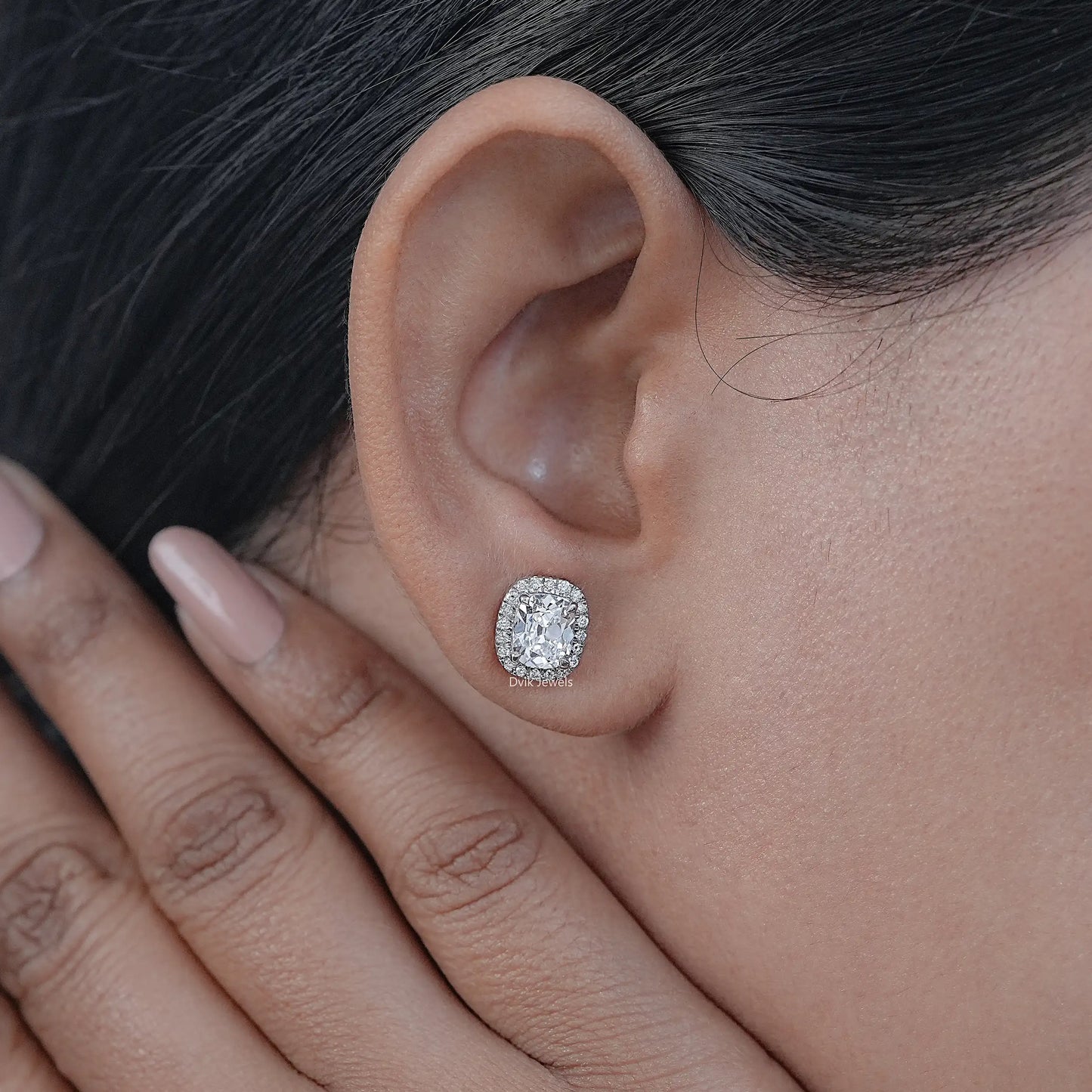 Old Mine Cushion Cut Lab Diamond Halo Earrings